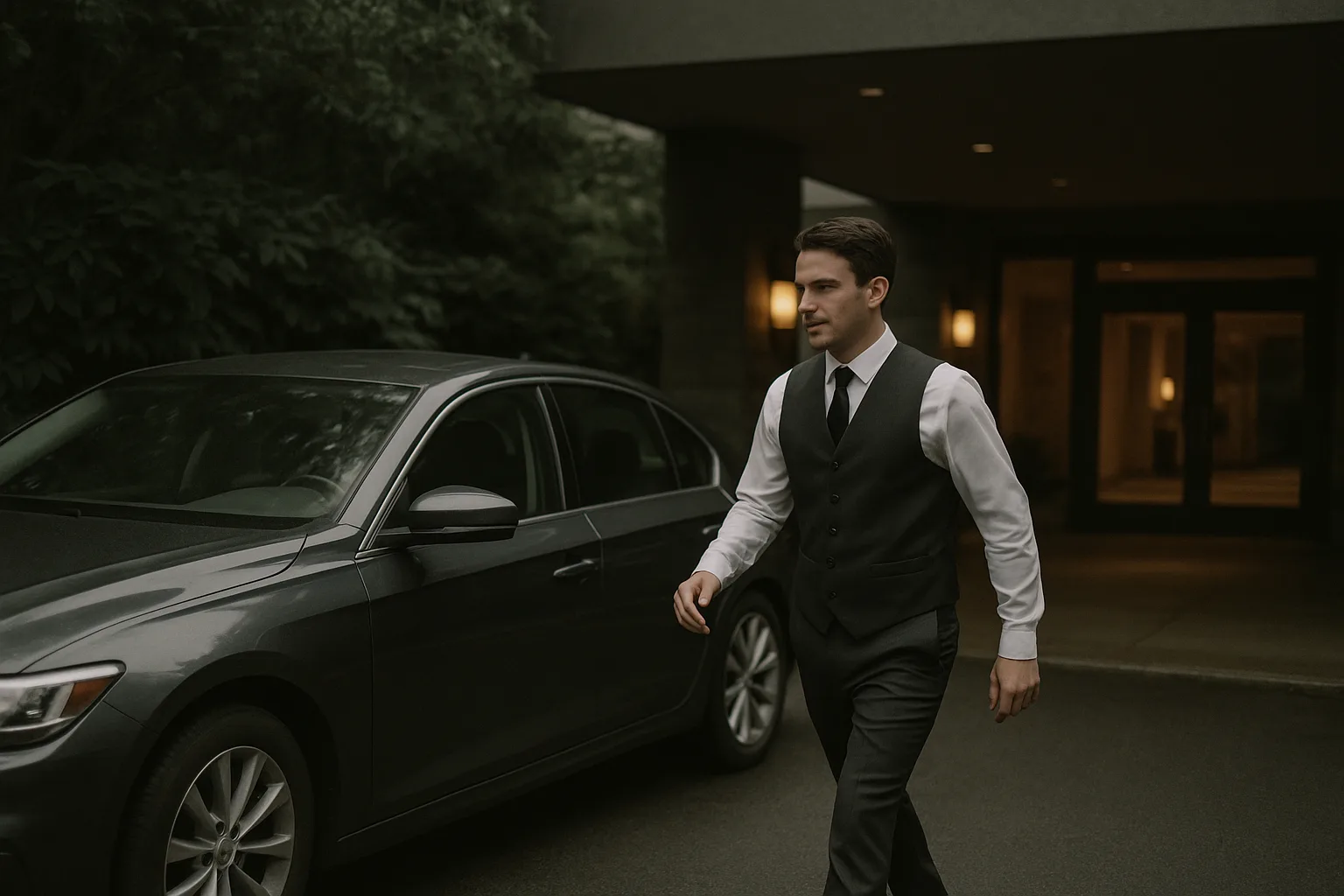 Professional valet attendant approaching luxury sedan at Seattle venue