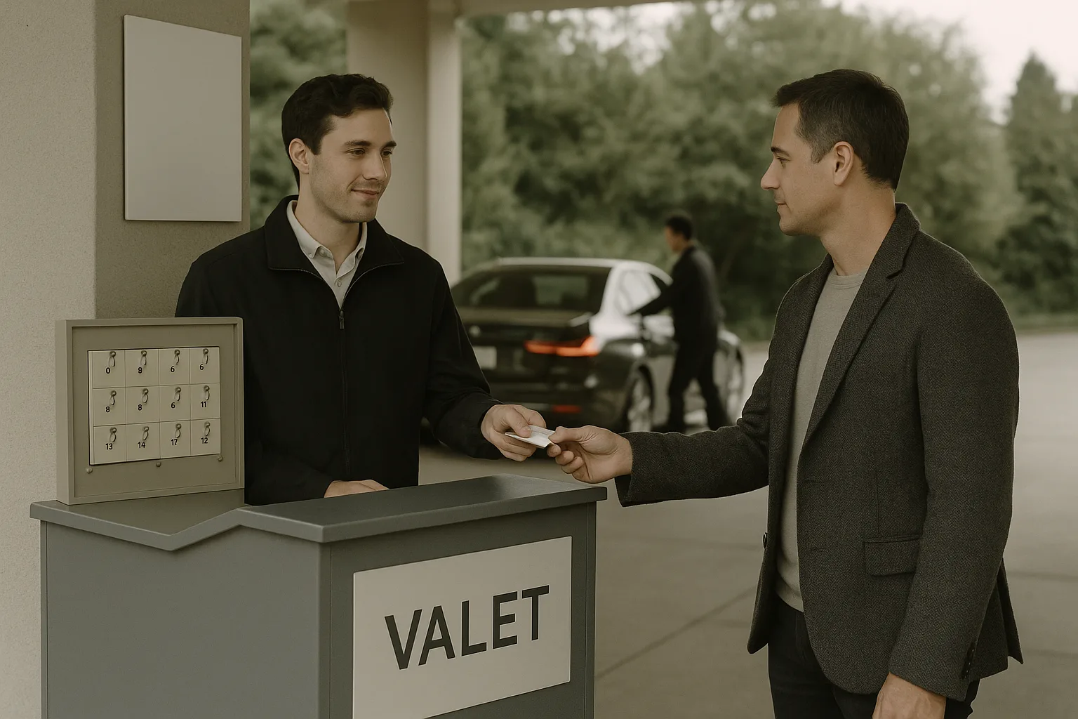 Valet attendant handing ticket to guest
