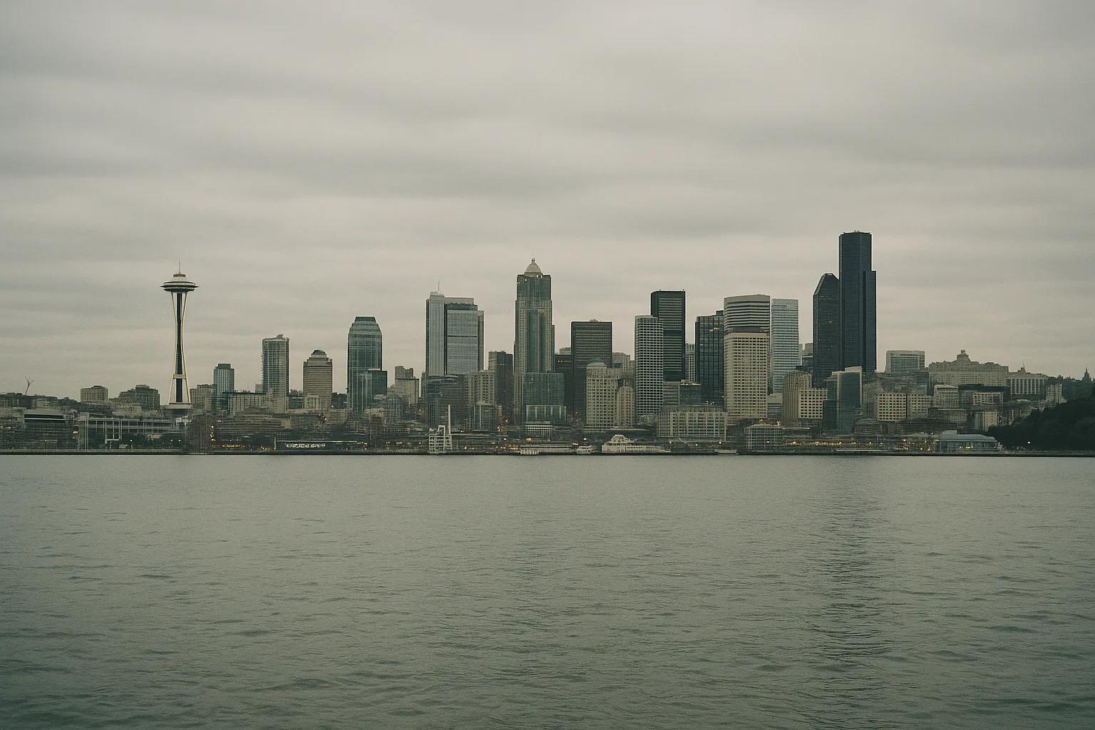 Seattle skyline from the waterfront at dusk