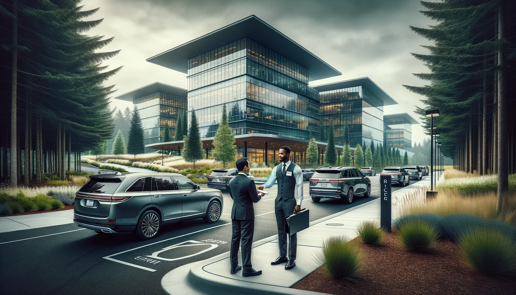 Valet service at modern corporate campus entrance