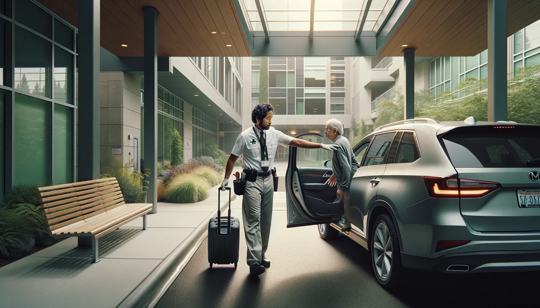 Valet attendant assisting patient at medical center entrance