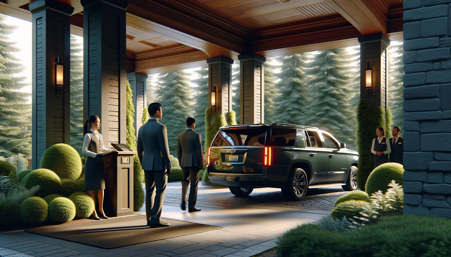 Valet attendants at boutique hotel porte-cochère